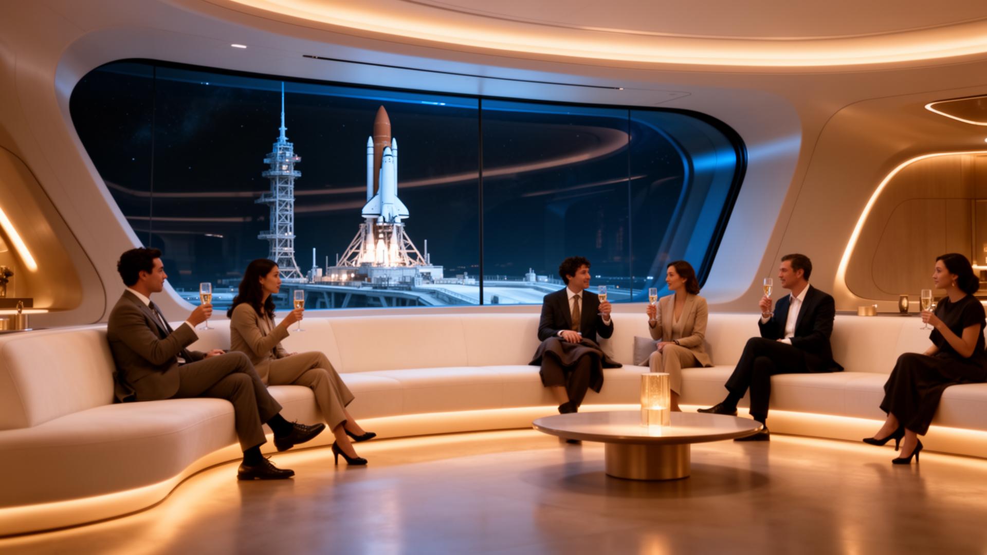 Elegant private spaceport lounge overlooking the launch pad