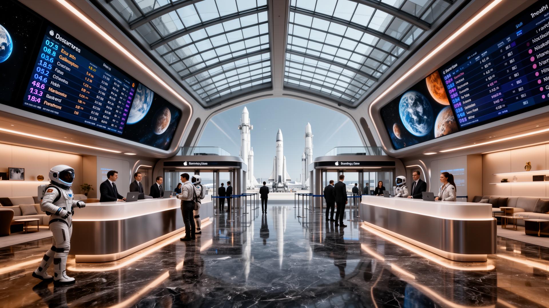 Orion Spaceport check-in terminal with digital departure boards